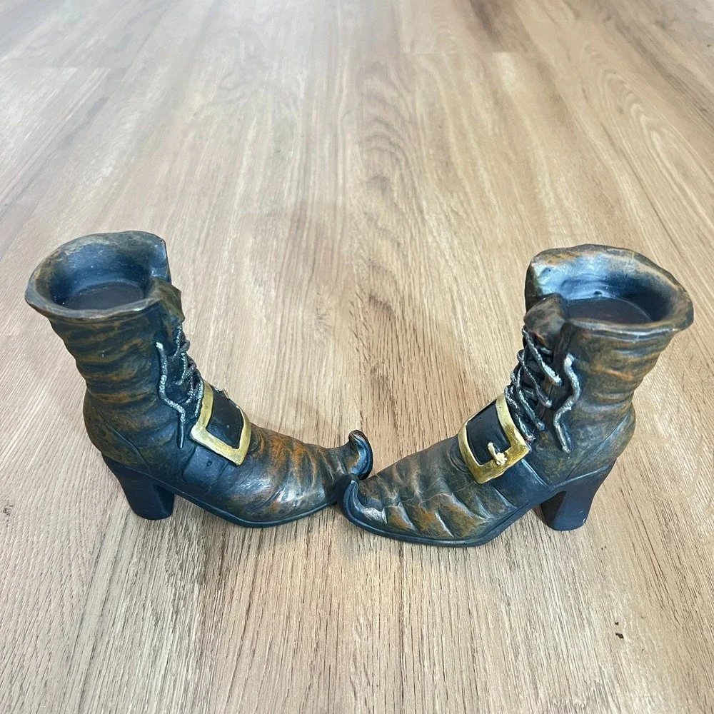 Martha Stewart Witch Boot Candle Holders Halloween Pair Black Gold 5.5 x 5 Inchs